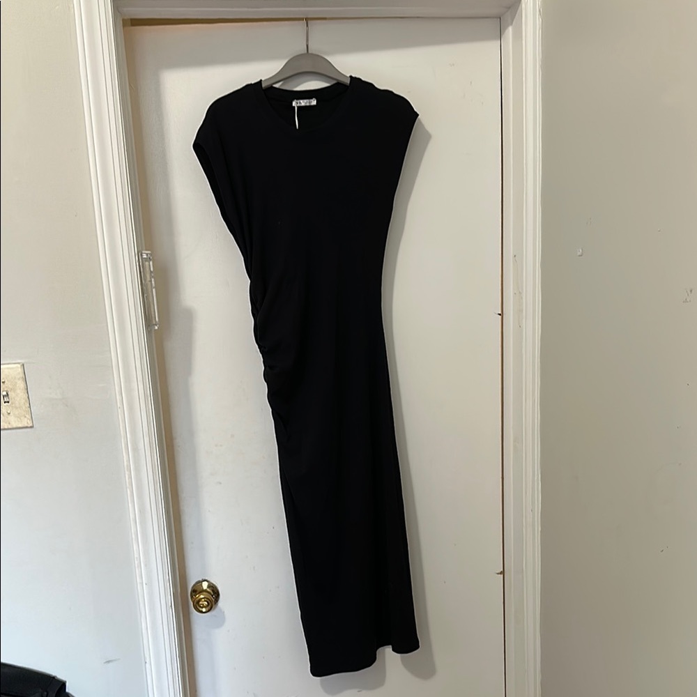 Zara Black Asymmetrical Ruched Sheath Dress